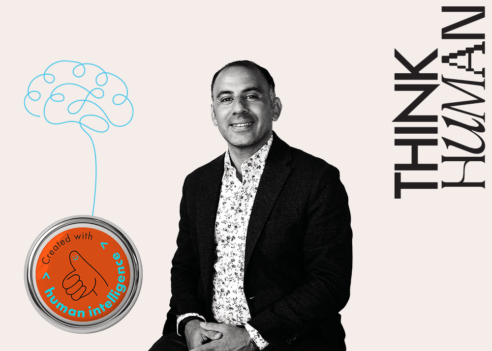 Think Human rebrand portrait of Ahmed El Sherbini with graphic brand elements
